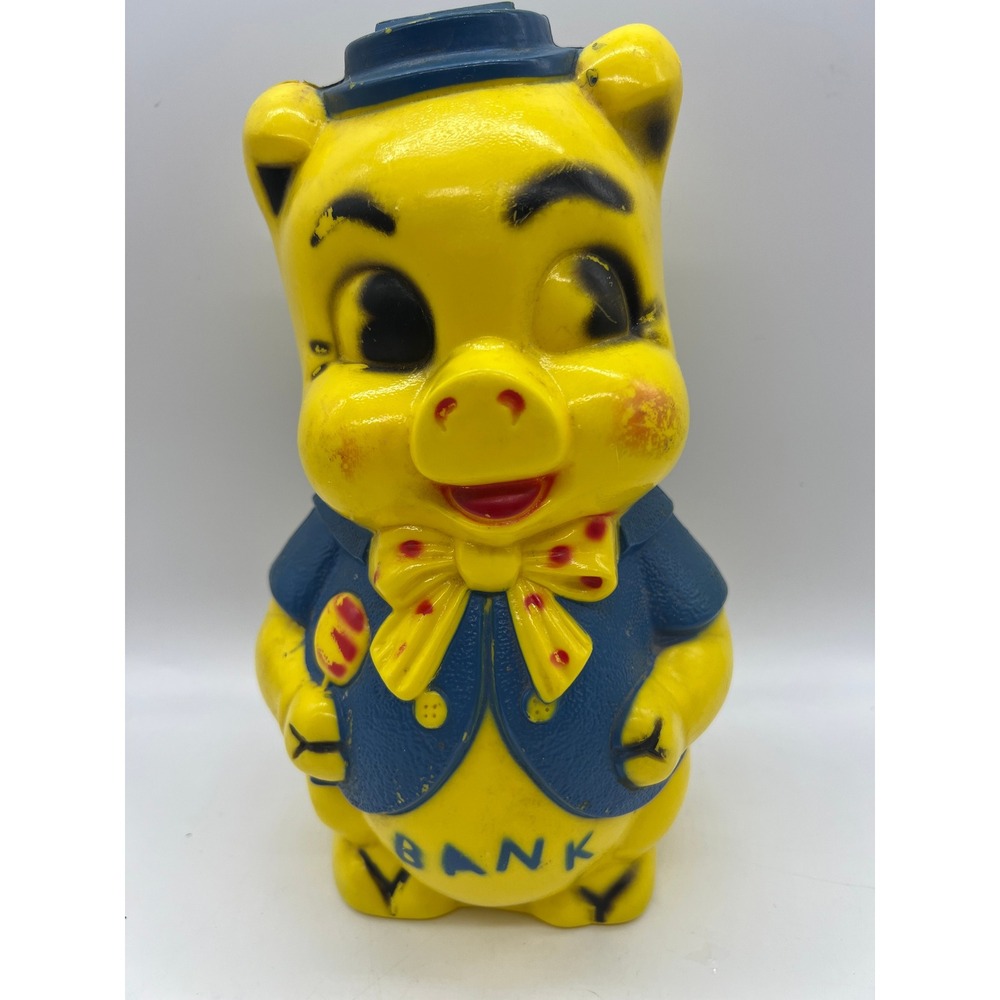 Vintage Plastic Piggy Bank Carnival Prize Kitsch Retro Mid Century Yellow Blue